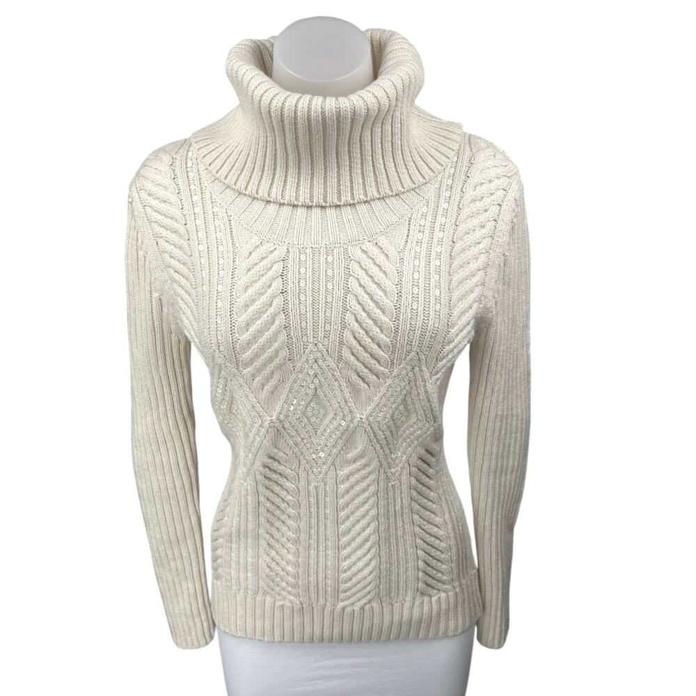 Talbots White Cable Knit Sequin Turtleneck Long Sleeve Pullover Sweater Top M
